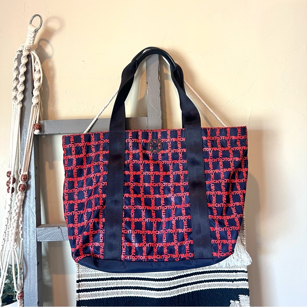 Tory Burch red and blue logo top zip tote purse